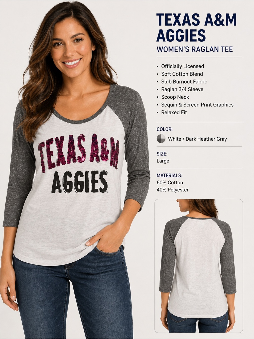 Women's Raglan Tee - White/Dark Heather Gray
